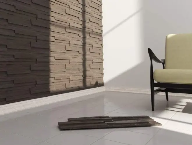 Panel 3D de madera tono nogal instalado en una sala